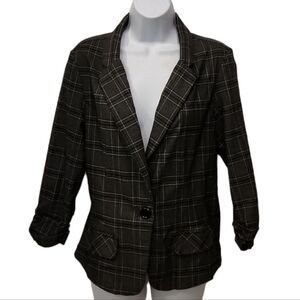 Courtenay Plaid One Button Ruched Sleeve Blazer